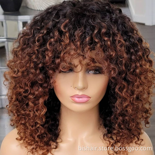 Wholesale BIS Ombre Honey Blonde Full Machine Wigs With Bangs 1B27 150 Denity Jerry Curly Human Hair Wigs For Black Women